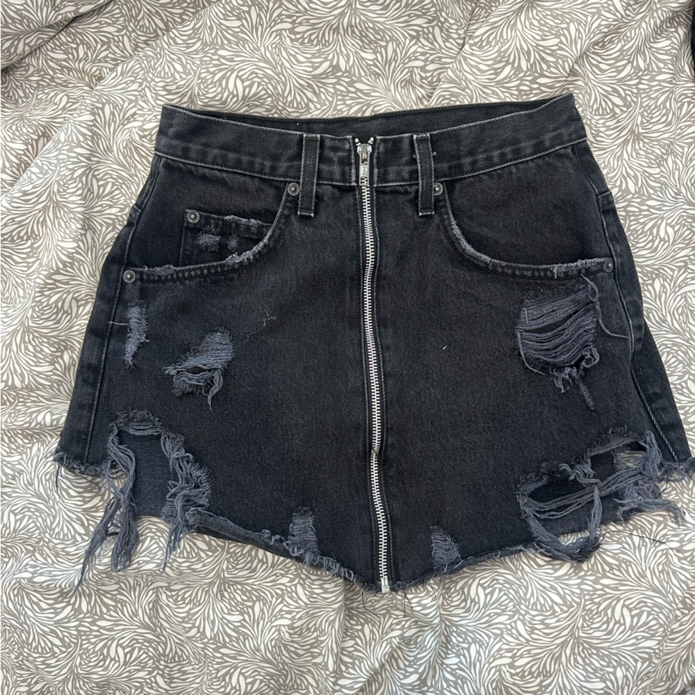 LF Distressed Denim Skirt with Front Zipper